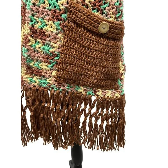VTG Handmade Knit‎ Crochet Poncho Fringe 70s Granny Brown Orange One Size - Picture 2 of 6